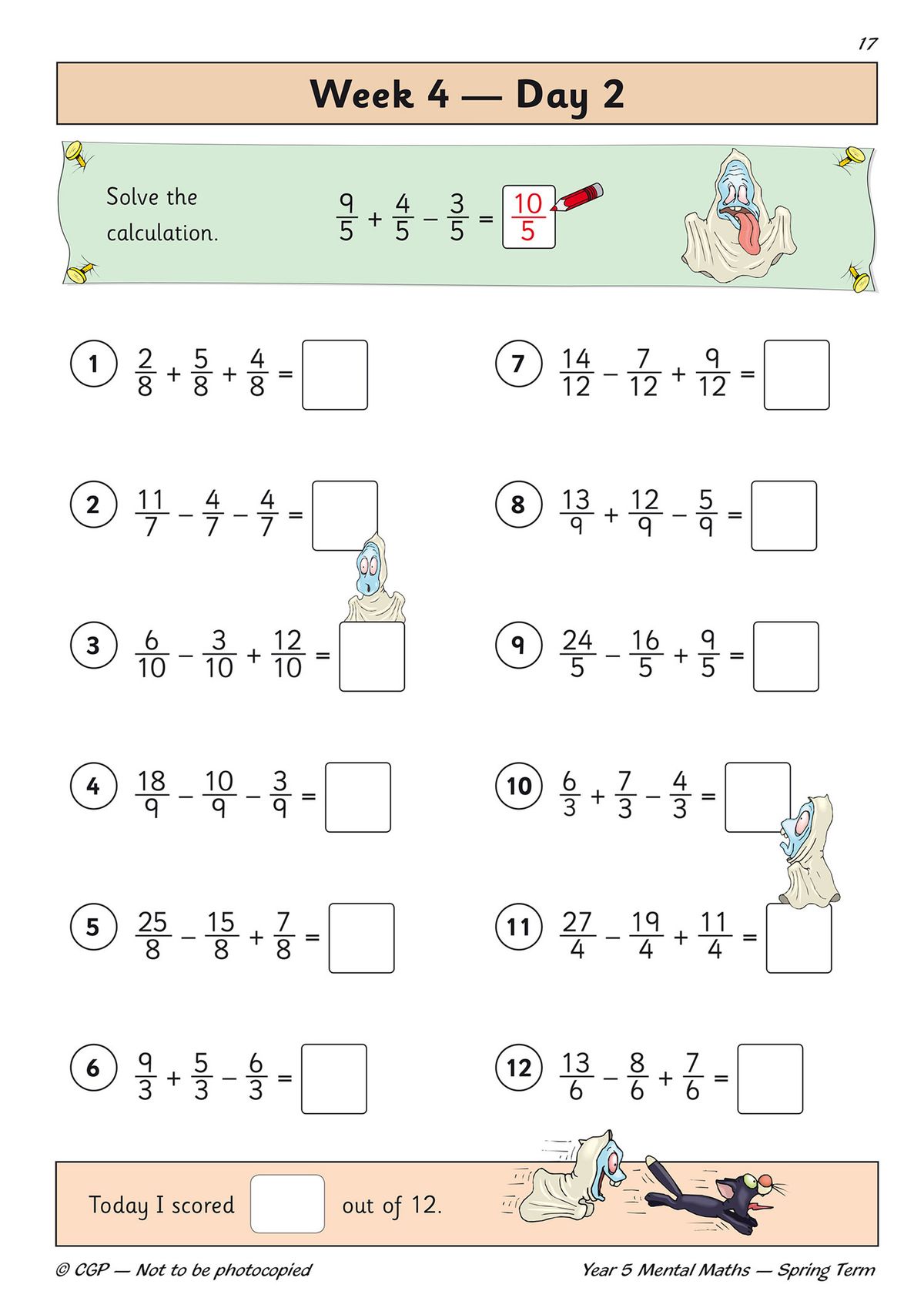 Daily practice page showing fraction calculations with score tracking box