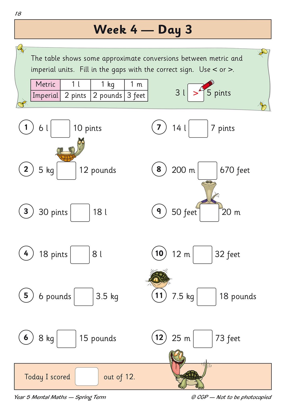 Sample page with metric and imperial unit conversion questions and score tracker