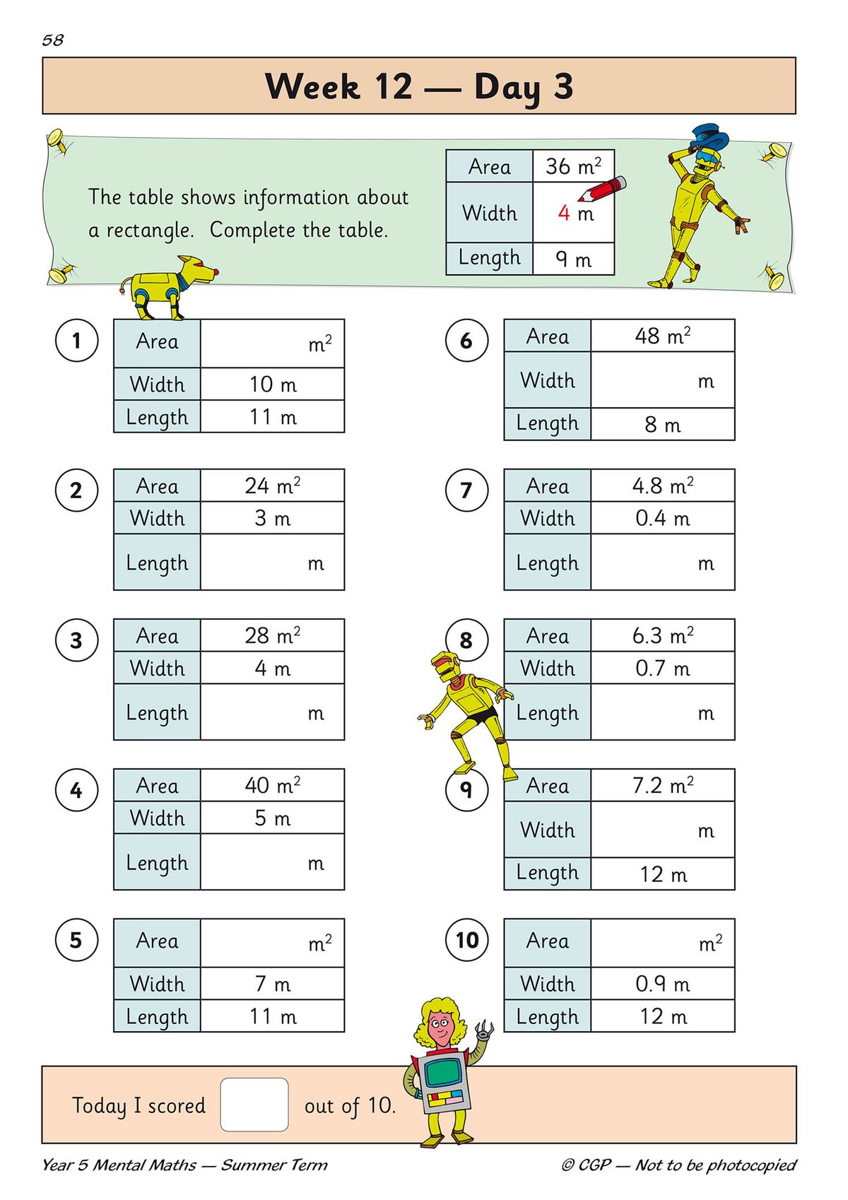 Sample page showing Week 12 Day 3 area calculation tables with rectangles