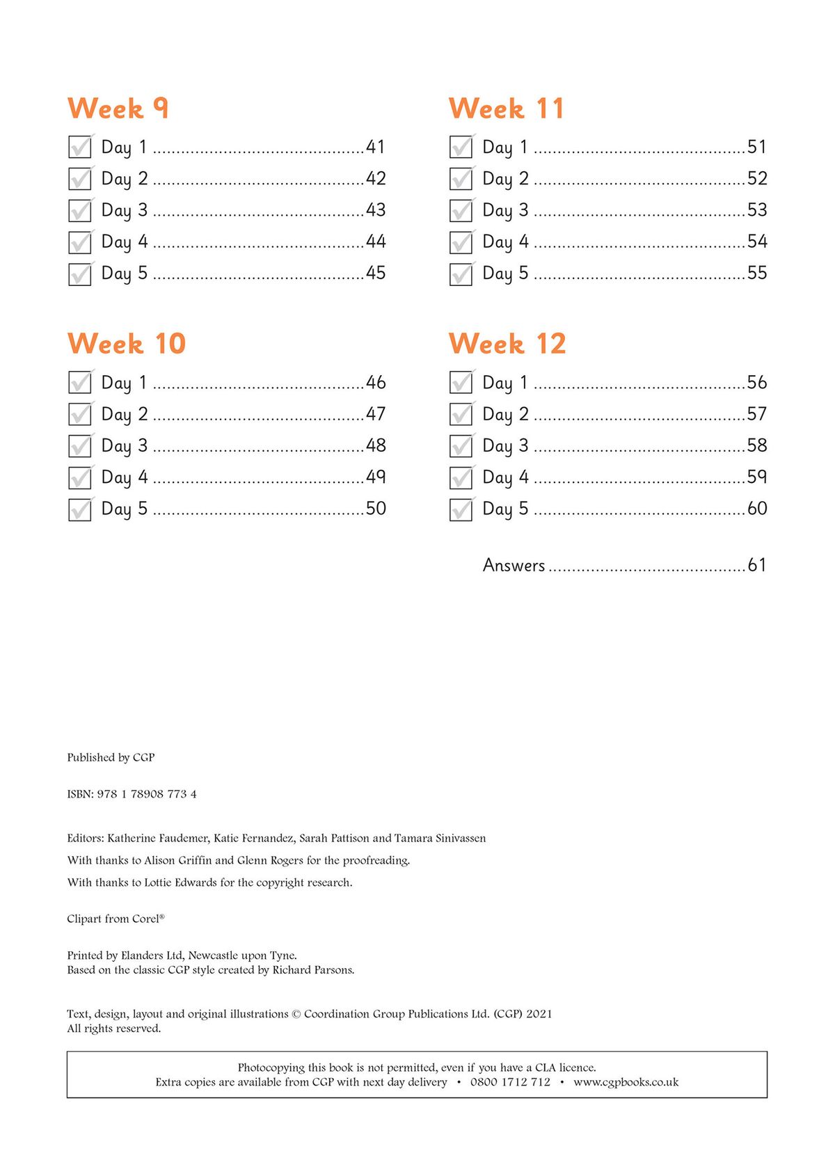 Contents page showing the term's weekly structure and answer section