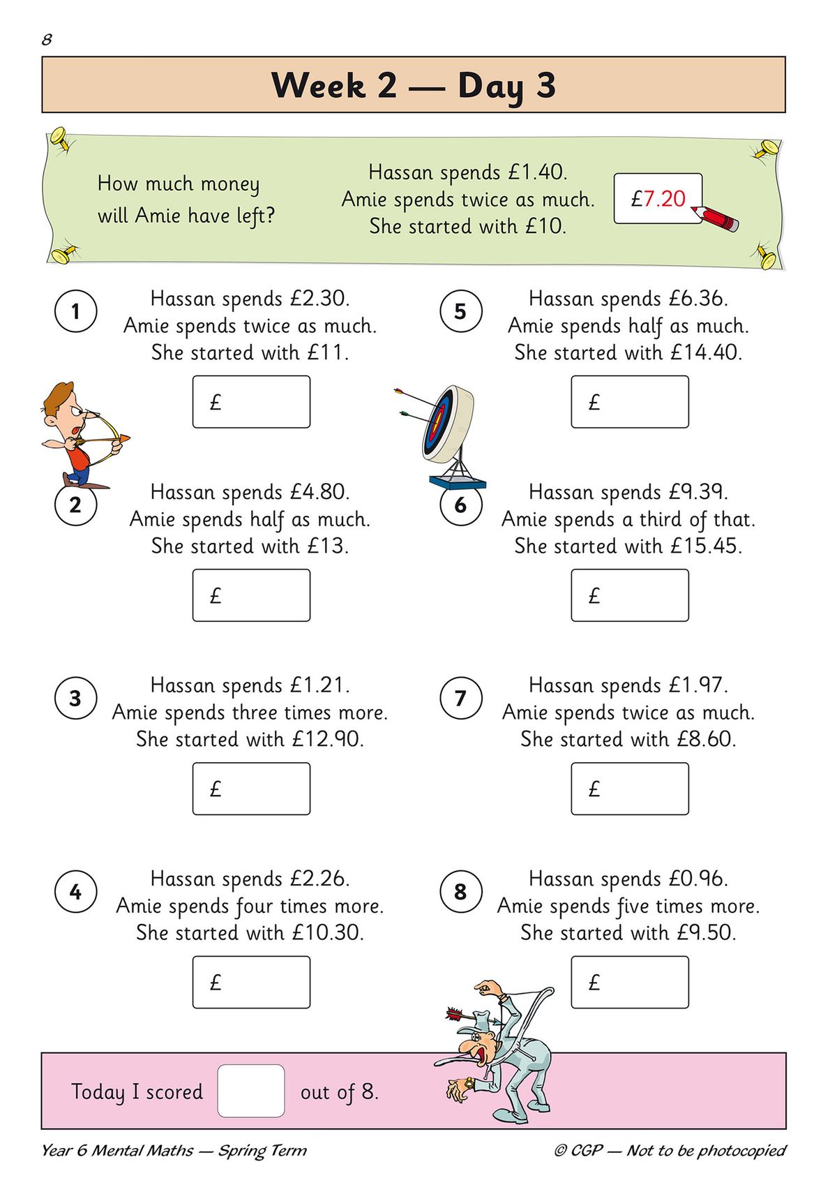 Sample daily practice page with illustrated mental maths word problems and a scoring box