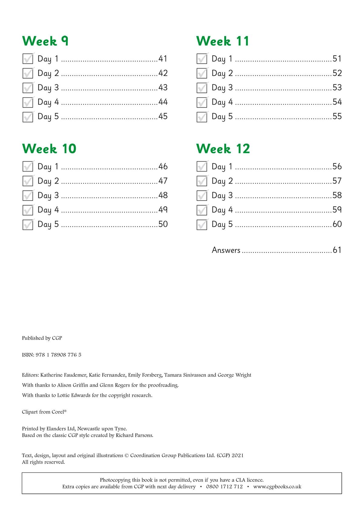 Contents page showing weekly structure and daily practice pages for the Spring Term
