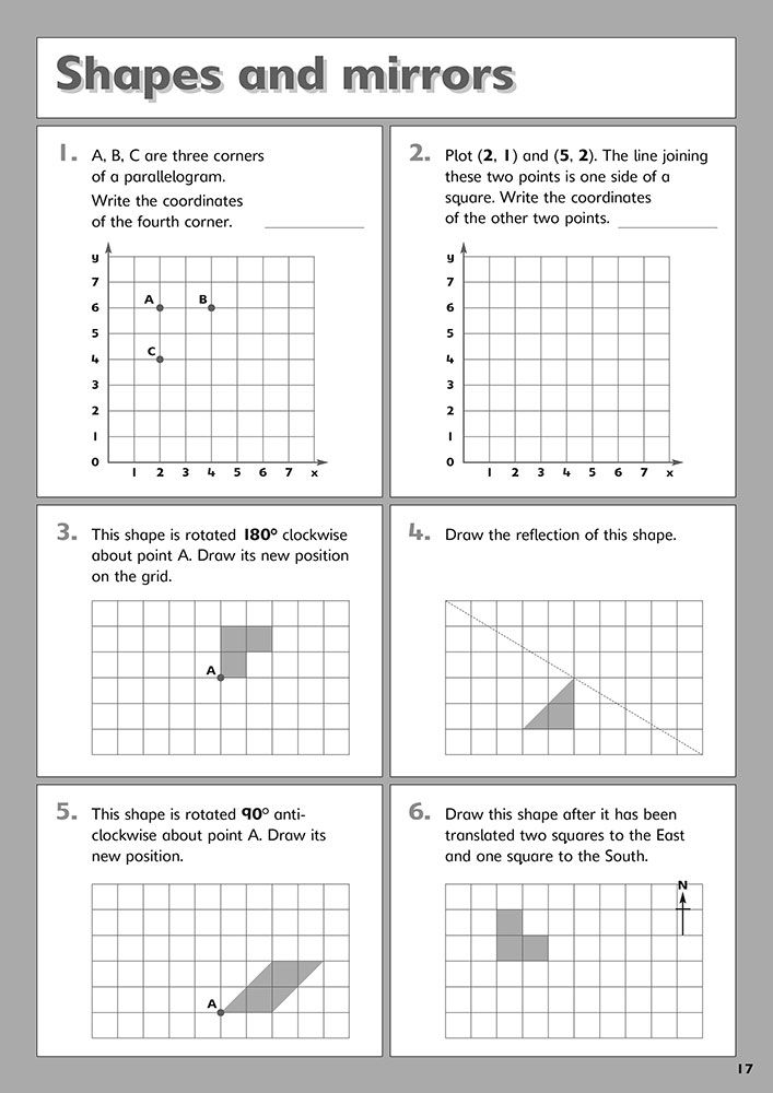 Sample page on shapes and mirrors showing coordinate grids and transformation tasks