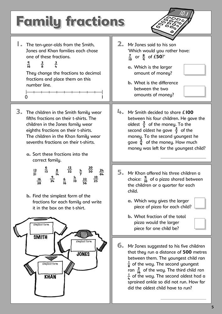 Sample page showing family fractions problems with calculator icon and illustrated t-shirts