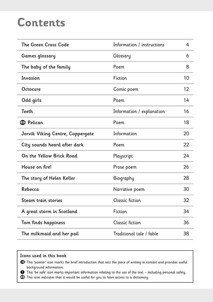 Contents page showing the variety of texts in KS2 Reading Comprehension Book 1