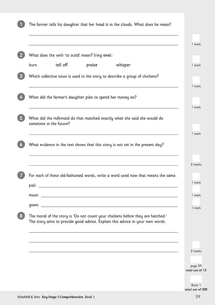 Sample comprehension questions from KS2 Reading Comprehension Book 1 showing question types including inference, vocabulary and textual evidence