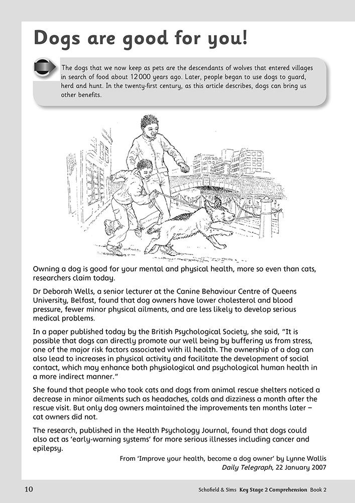 Article titled 'Dogs are good for you!' from KS2 Reading Comprehension Book 2, showing an illustrated non-fiction text about health benefits of dog ownership