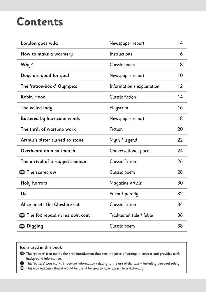 Contents page showing the range of text types in KS2 Reading Comprehension Book 2