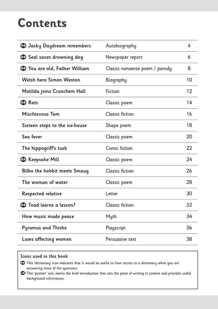 Contents page showing the range of text types in KS2 Reading Comprehension Book 3