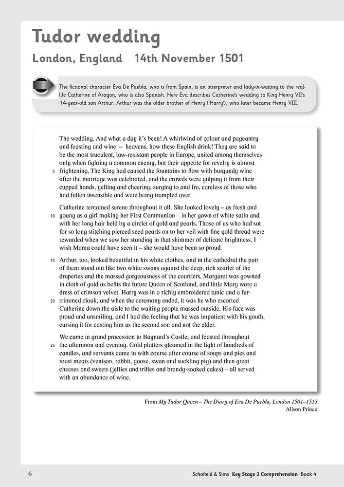 Sample page showing a Tudor wedding text extract with comprehension questions