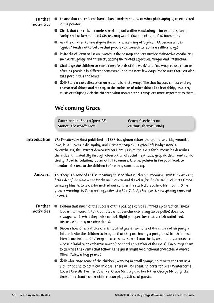 Sample teaching notes page showing text introduction, answers and further activities