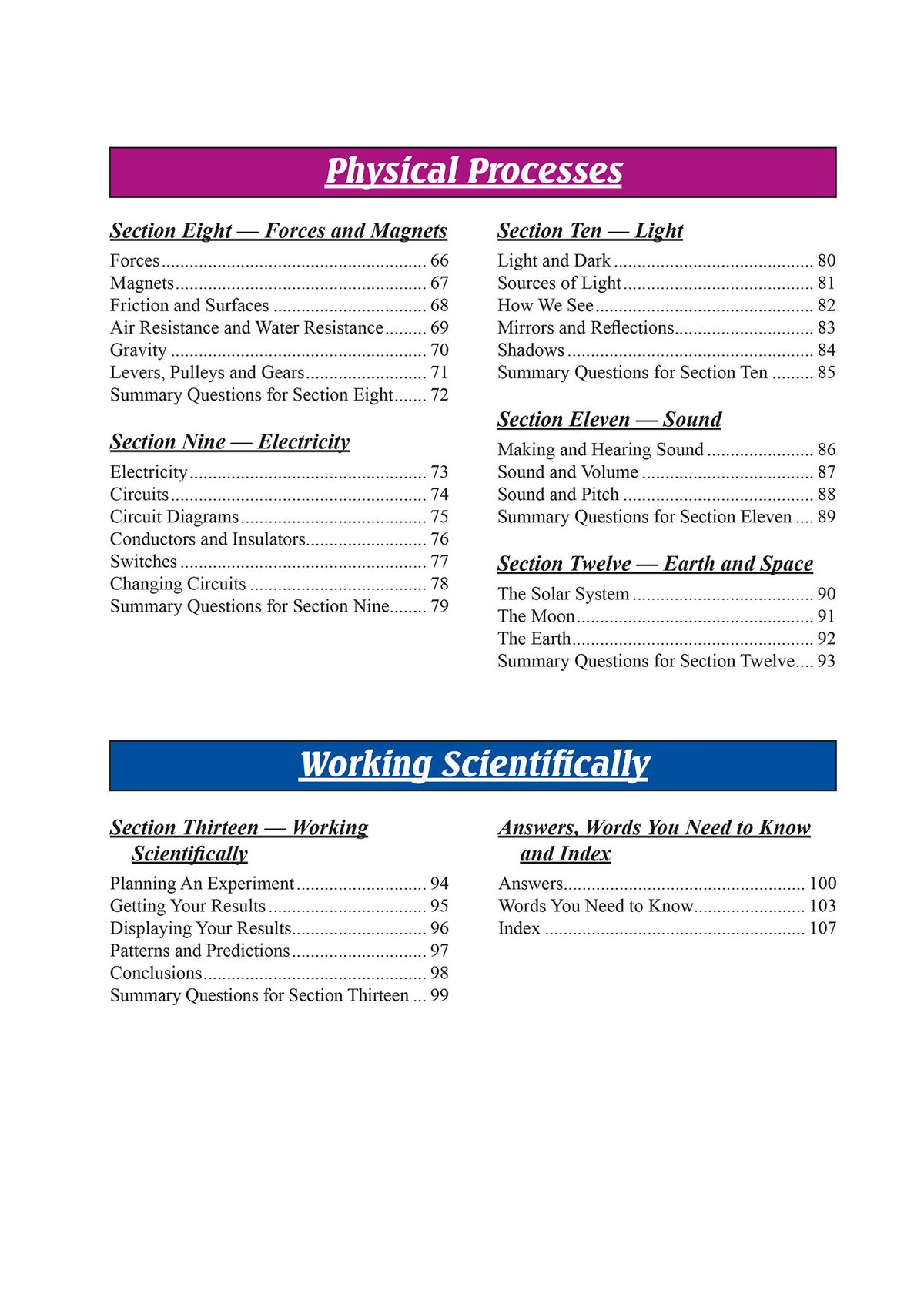 Contents page showing structured sections on Physical Processes, Working Scientifically, with detailed topic lists