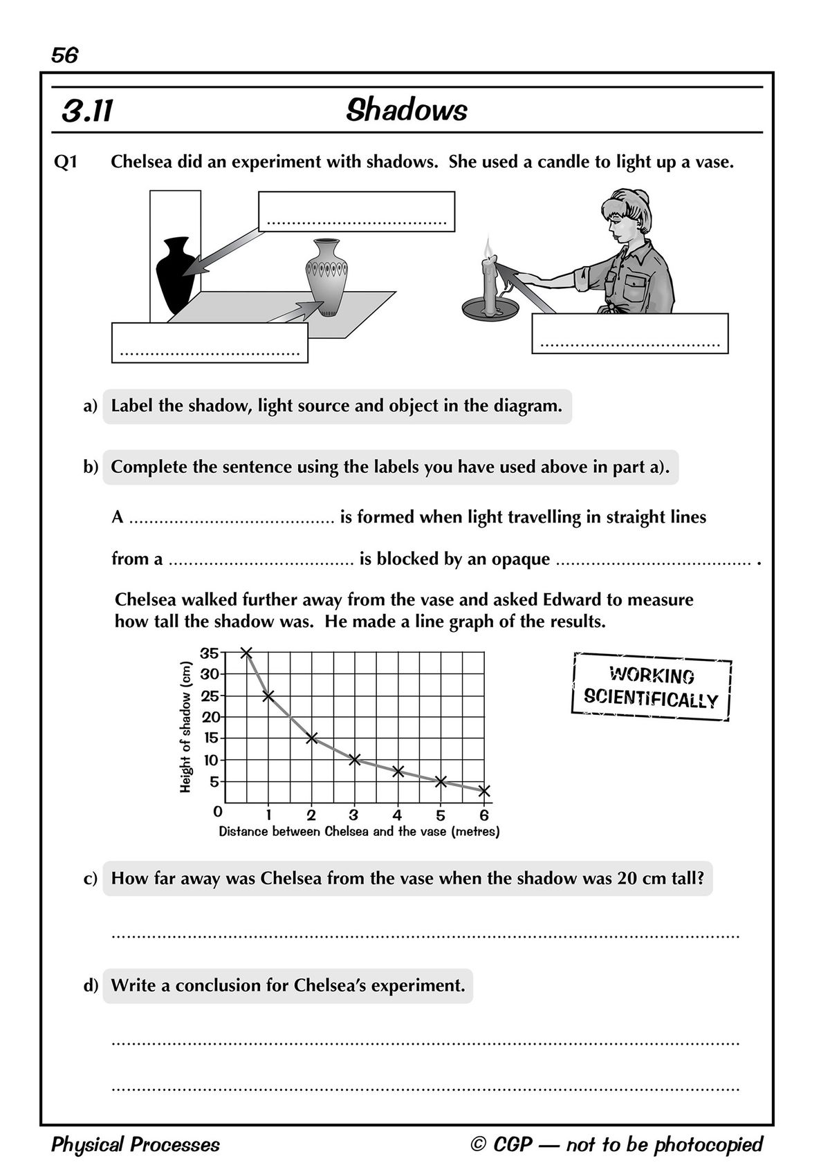 Sample page on shadows experiment with diagrams and graph work