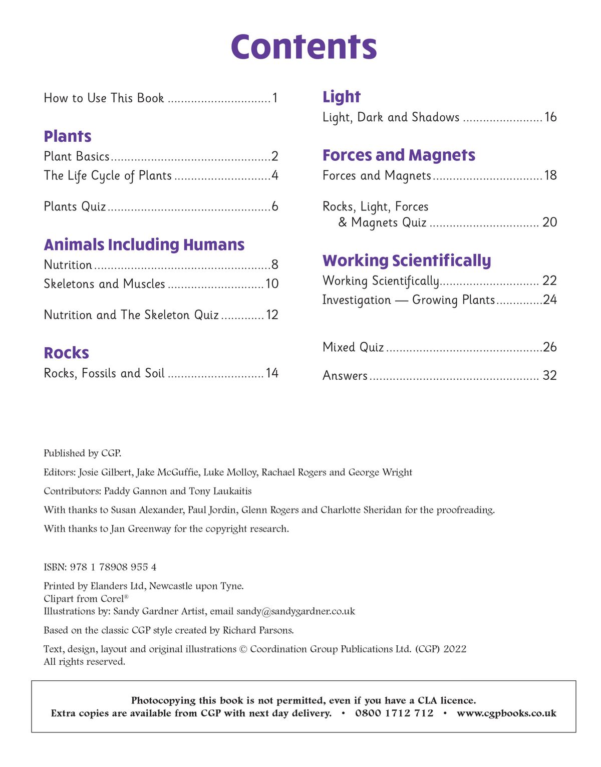 Contents page showing topics including Plants, Animals Including Humans, Rocks, Light, Forces and Magnets, and Working Scientifically