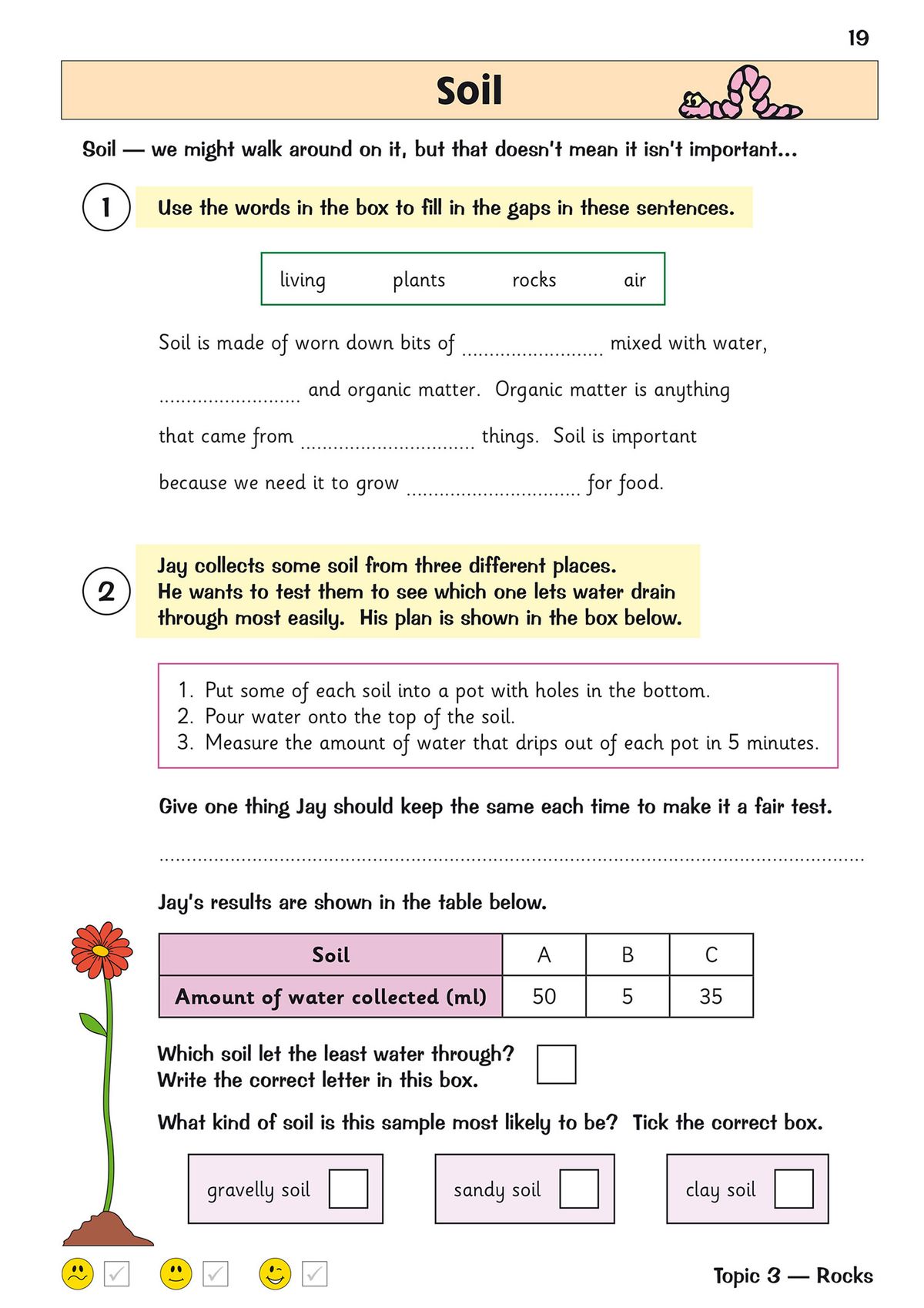 Inside page showing a fossils topic with true/false questions and sequencing activity