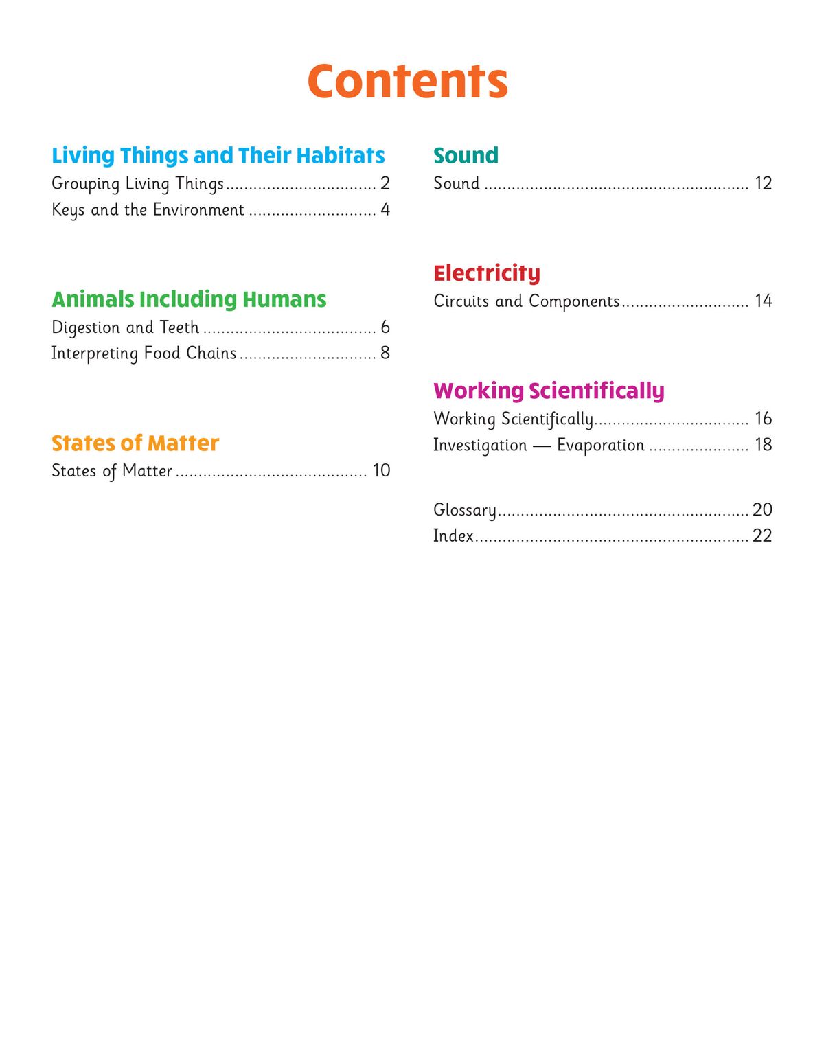 Contents page showing Year 4 Science topics