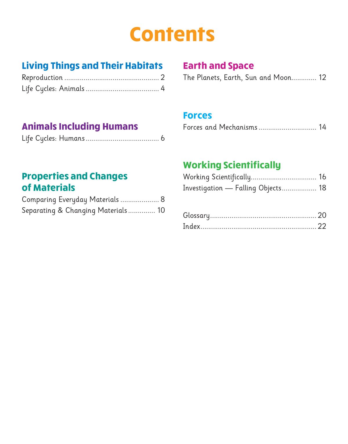 Contents page showing Year 5 Science topics
