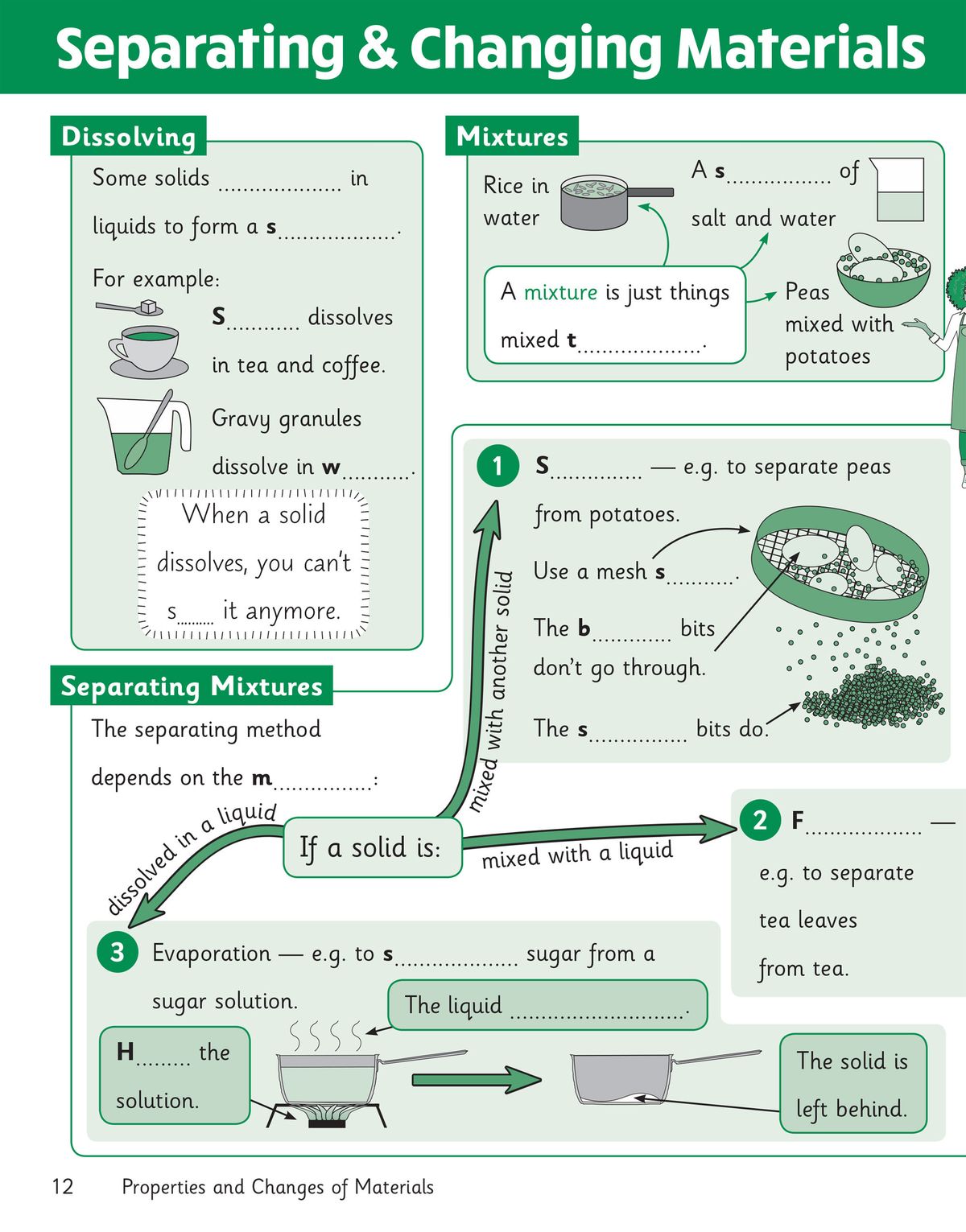 Sample page on separating and changing materials with fill-in-the-blank exercises