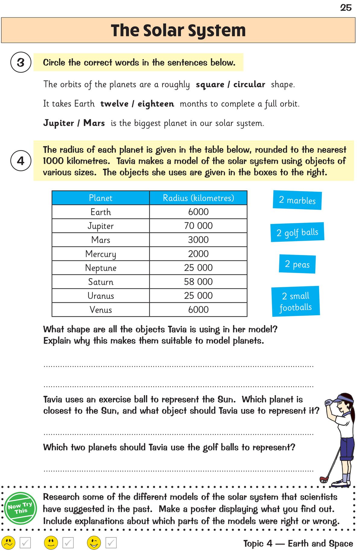 Page from the workbook showing questions about the solar system with labelling diagrams and comprehension tasks