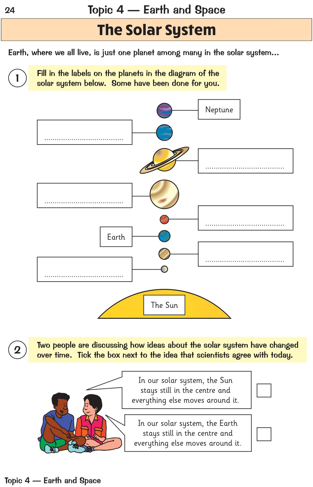 Interior page showing detailed science questions about the solar system including a table and multi-step problem-solving tasks
