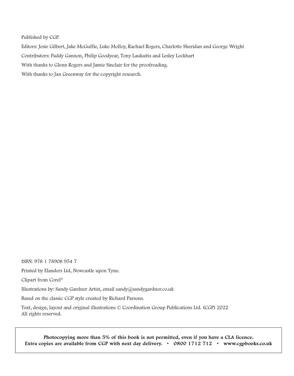 Copyright and publication information page showing CGP editorial and production credits