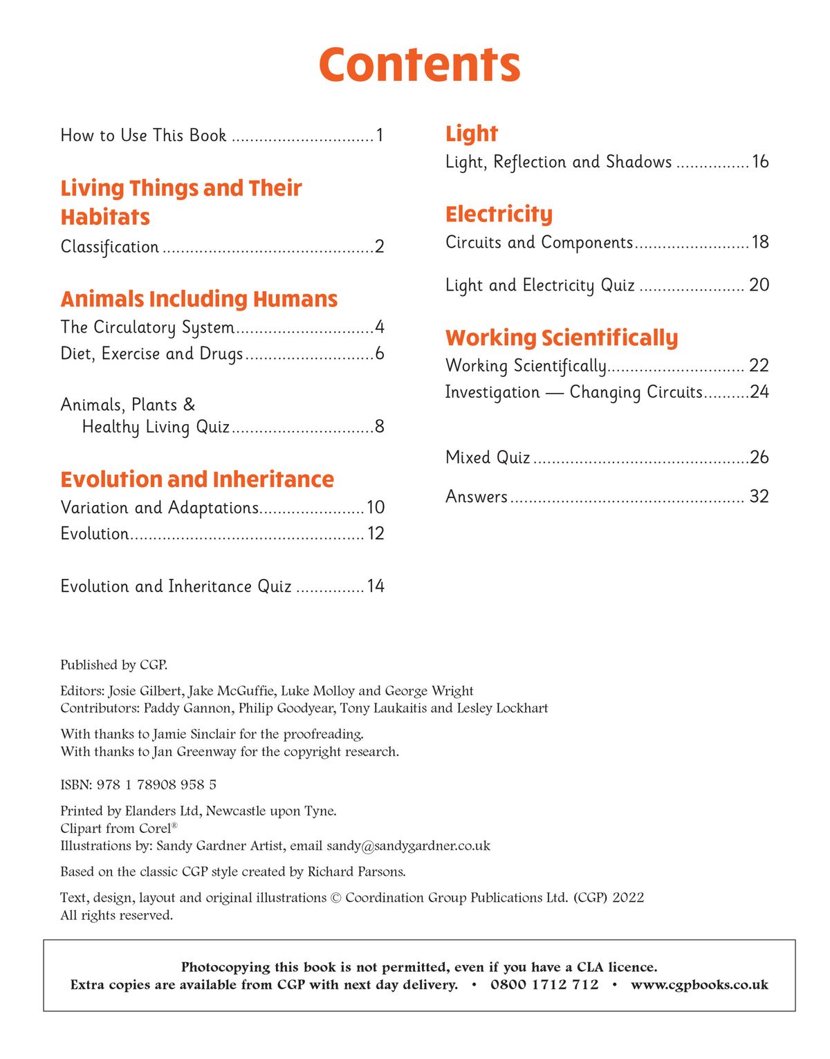 Contents page showing Biology, Chemistry and Physics topics covered in the Knowledge Retriever