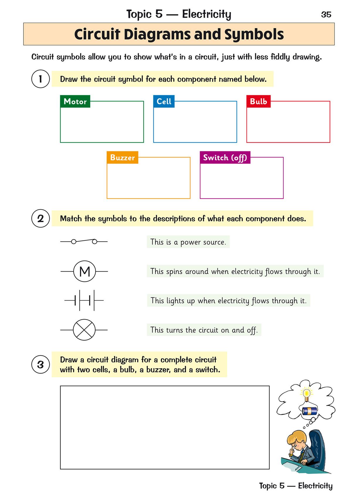 Circuit diagrams and symbols practice page from the KS2 Science Year 6 workbook