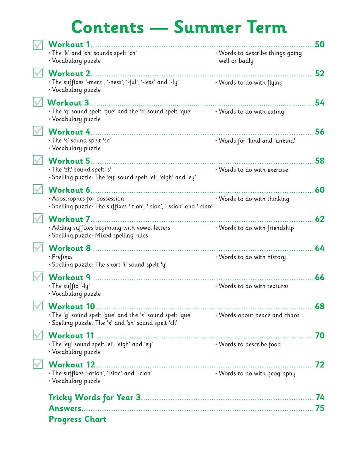 Contents page showing Summer Term workouts with spelling patterns and thematic vocabulary