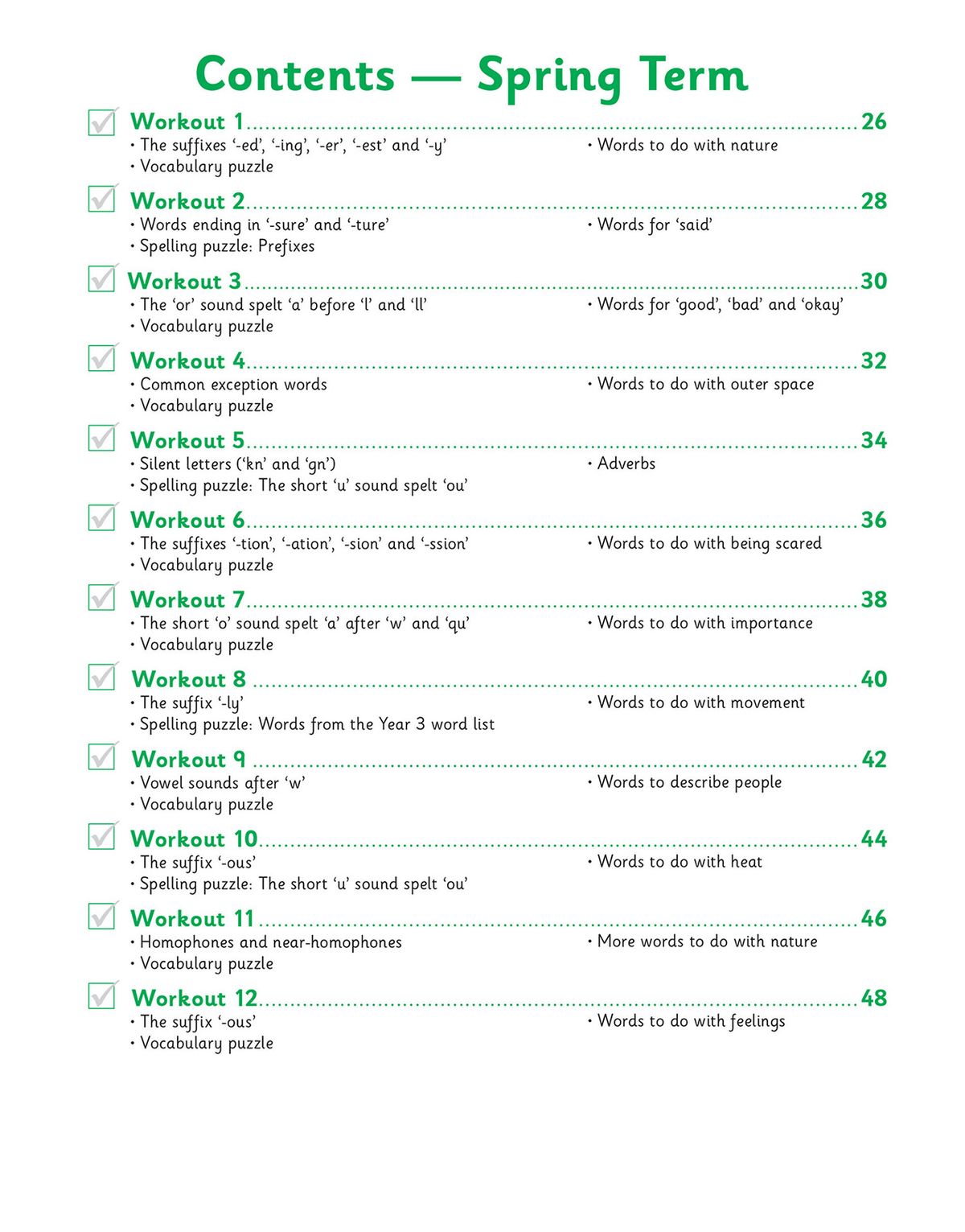 Contents page showing Spring Term workouts with spelling rules and vocabulary topics