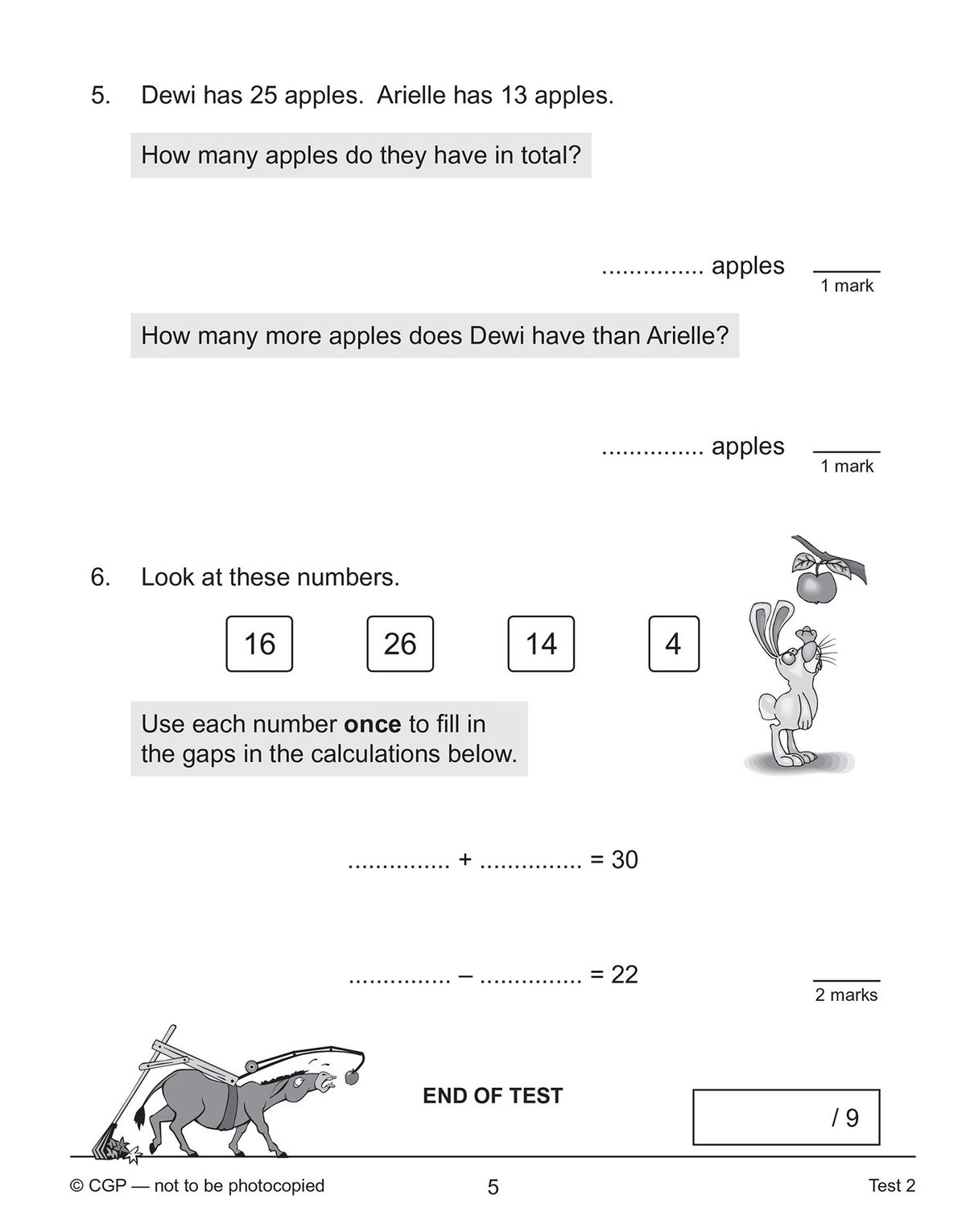 Word problems and visual calculation exercises from the test pages