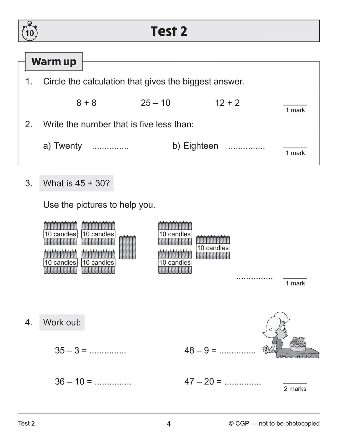 Sample warm-up questions and addition problems from Test 2