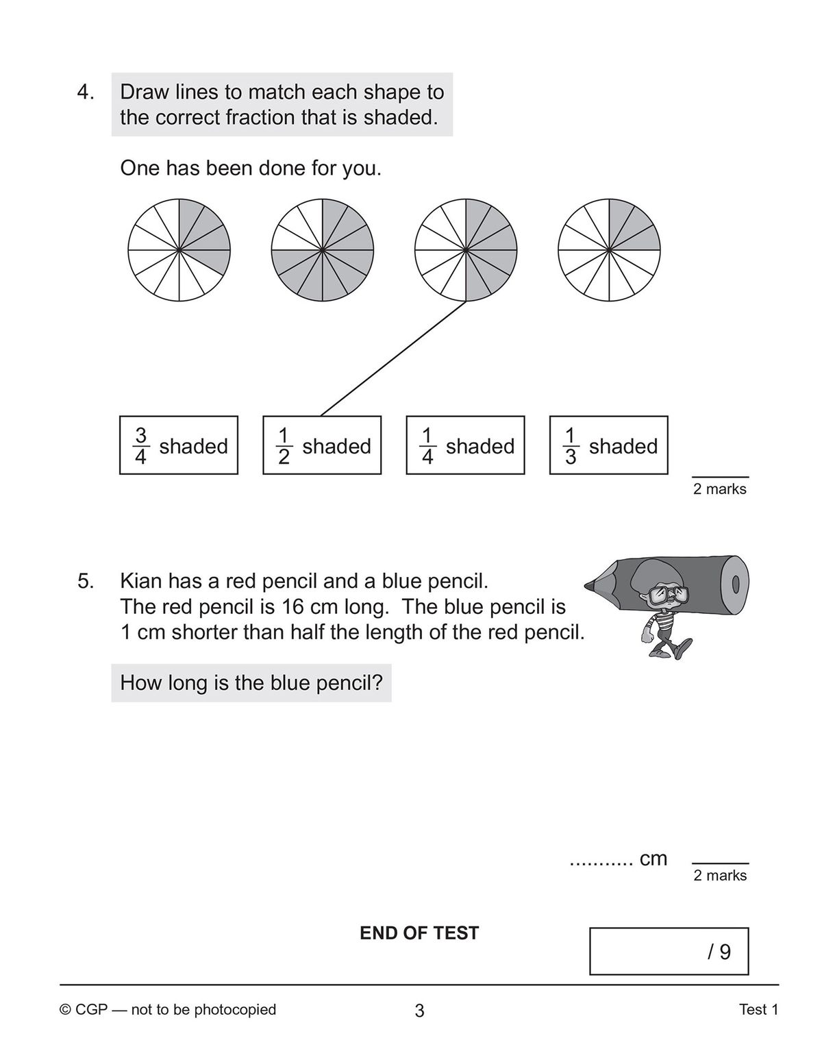 Sample test page showing warm-up questions and fractions problems with matching and word problems