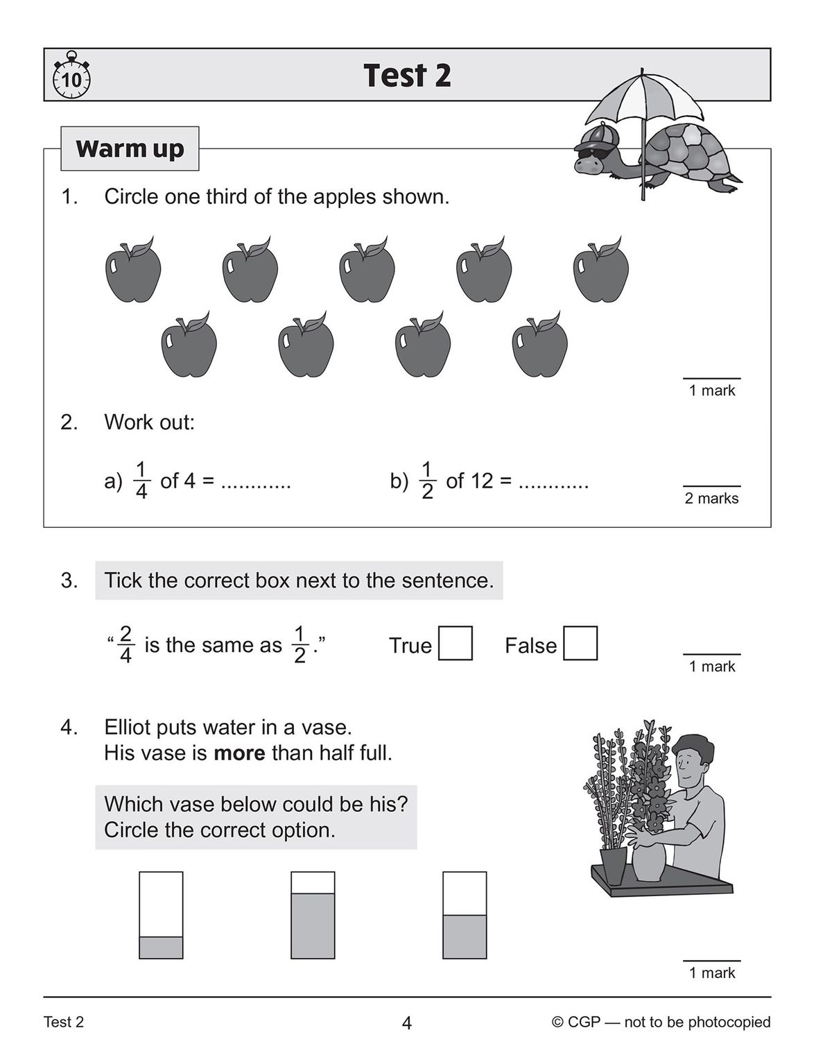 Test page with warm-up section showing fraction of apples question and multiple-choice exercises