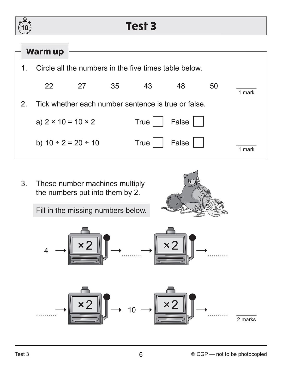 Sample test page showing warm-up questions and multiplication problems