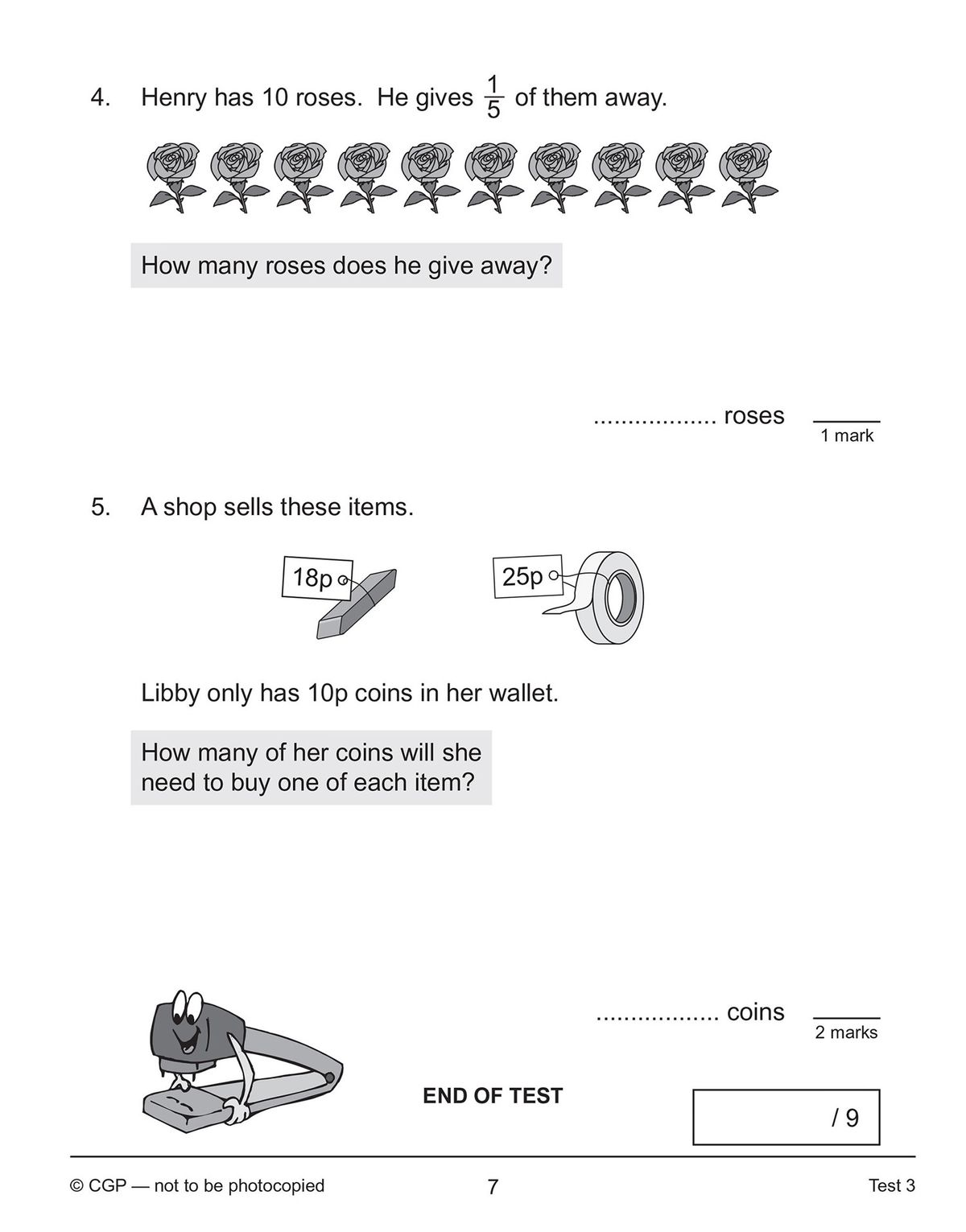 Another test page featuring illustrated maths word problems with space for calculations