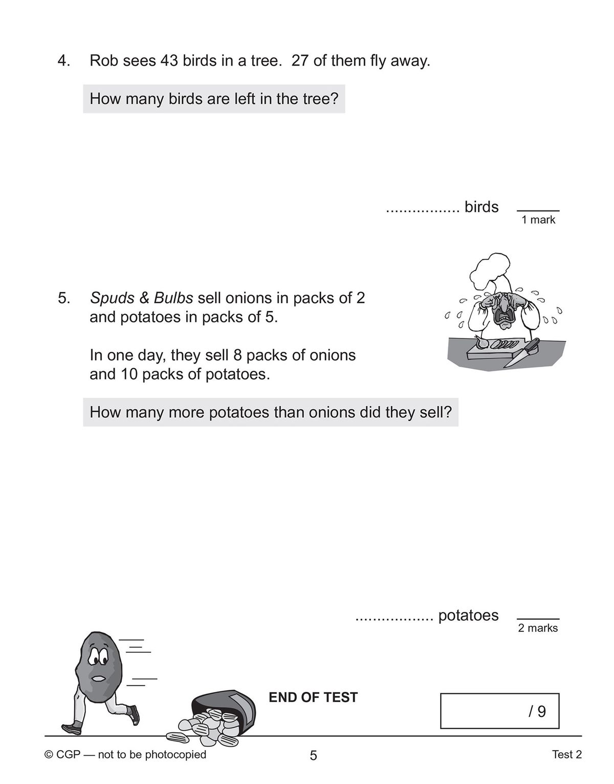 Sample test page showing problem-solving questions with answer boxes and mark allocations