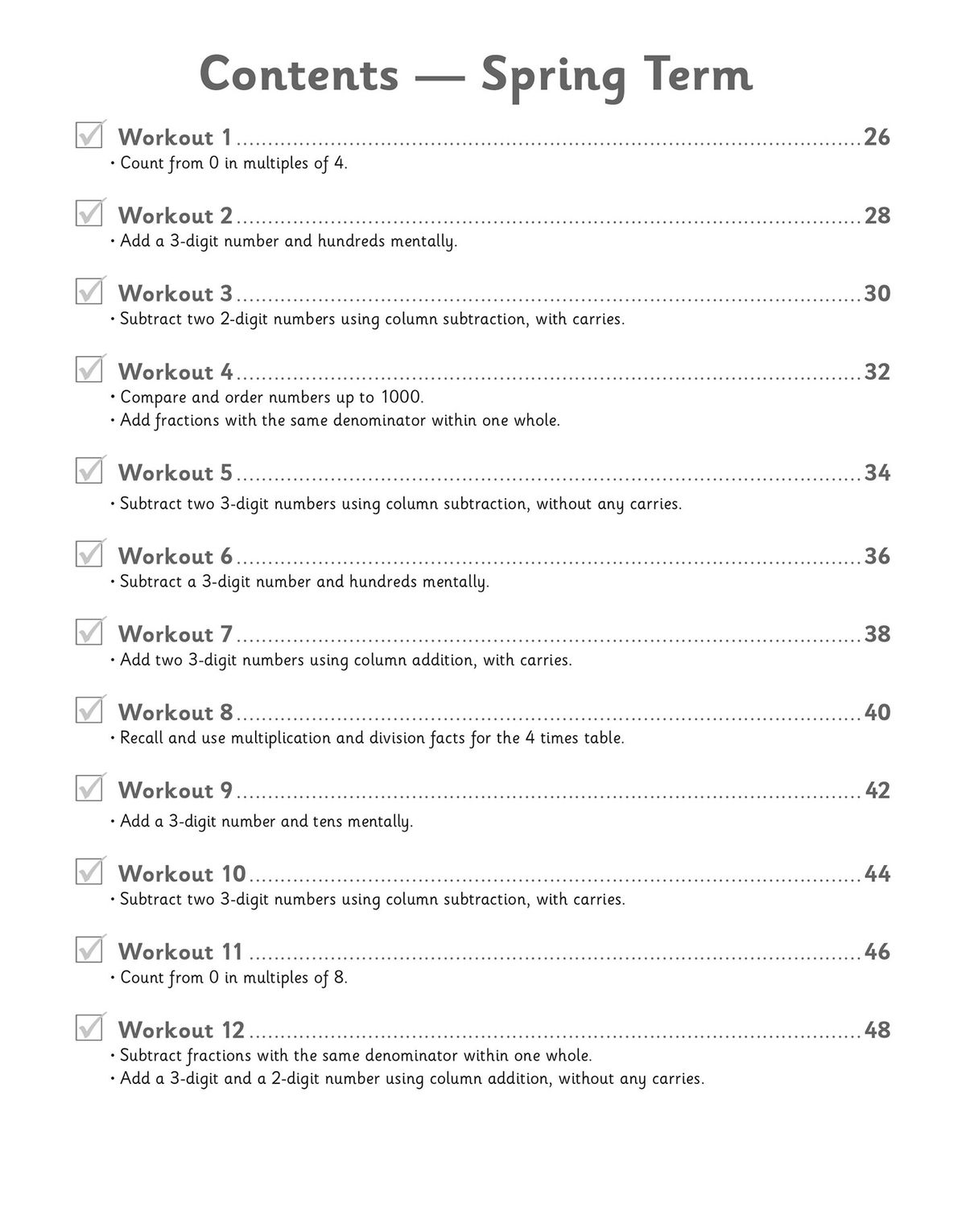 Contents page showing Spring Term workouts with topics like mental addition, subtraction, times tables and fractions