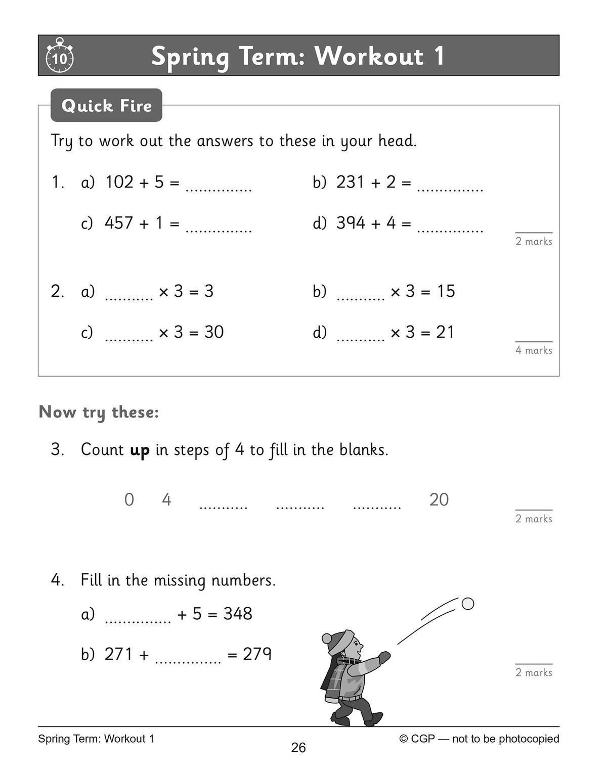 Sample workout page showing Quick Fire mental maths questions and structured arithmetic problems with space for answers