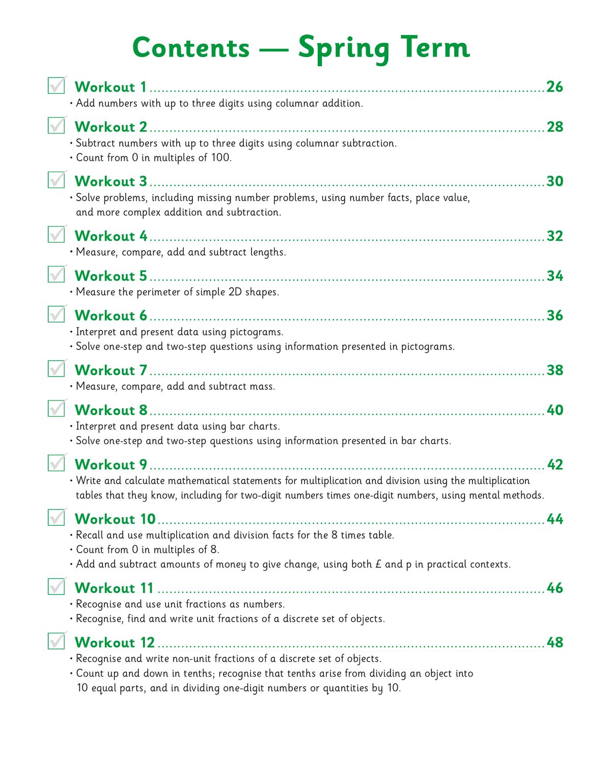 Contents page showing Spring Term workouts 1 to 12 with clear topic breakdowns
