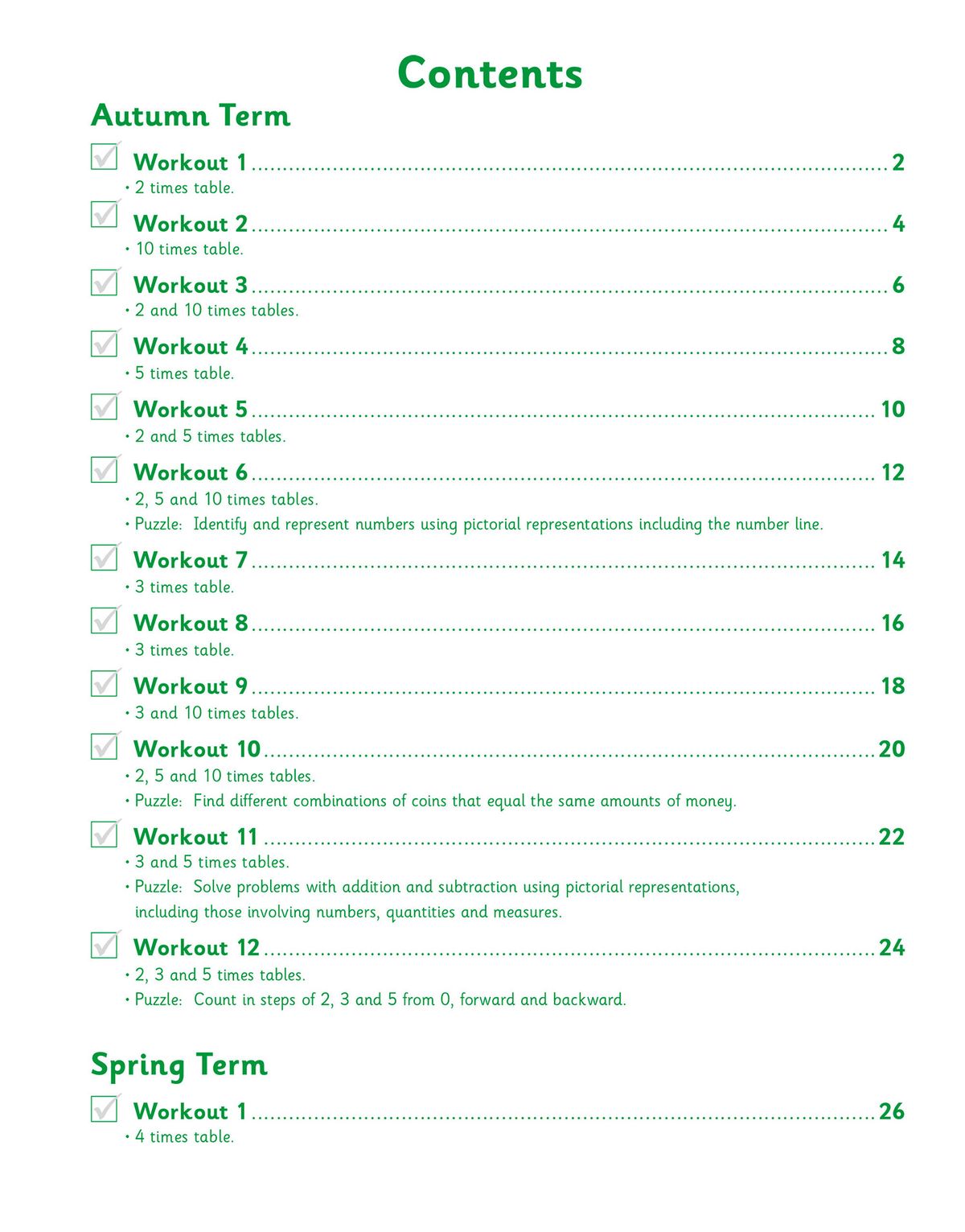 Sample workout pages showing times tables questions and puzzles