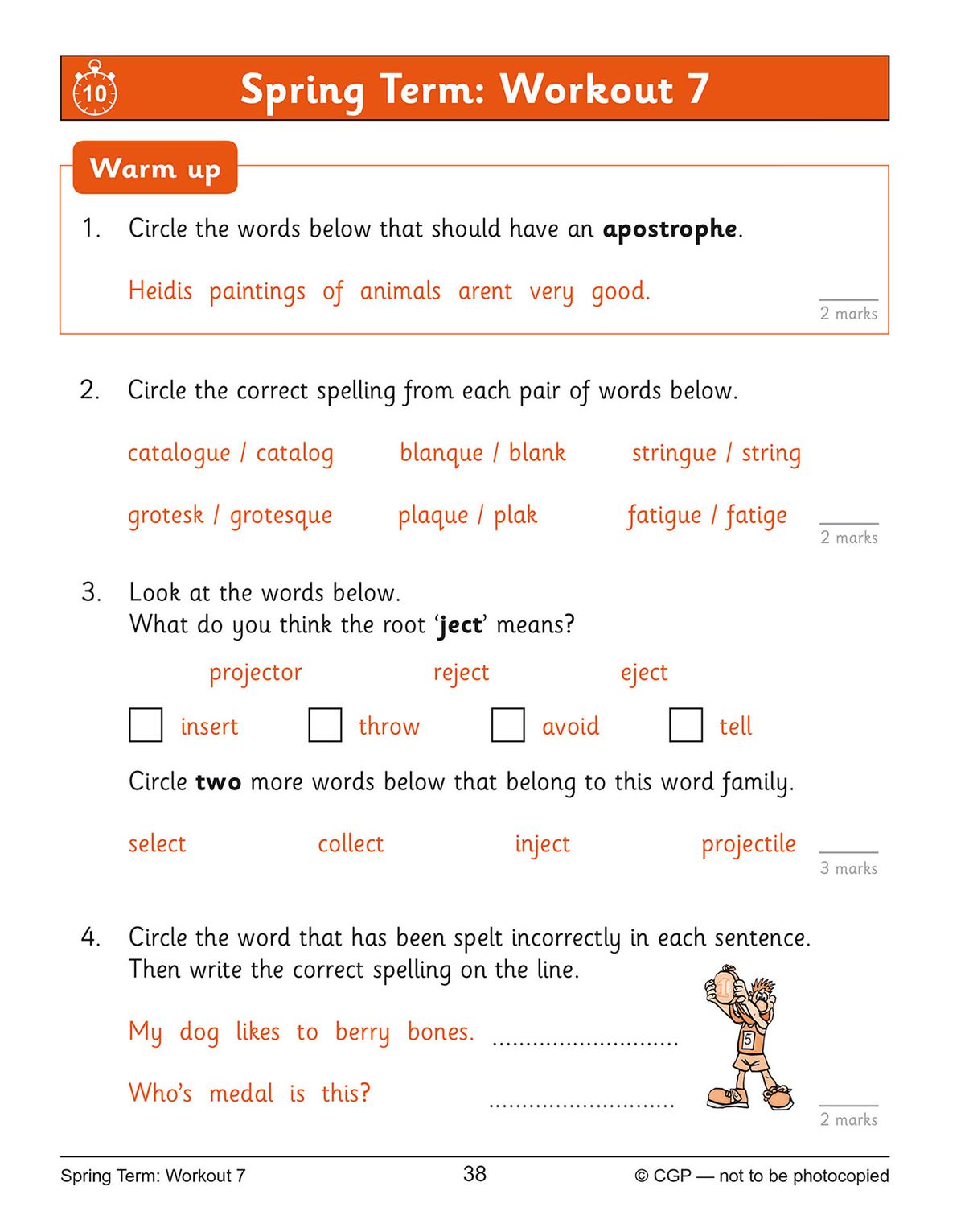 Sample workout page with warm-up question on apostrophes, spelling pairs and word-family tasks