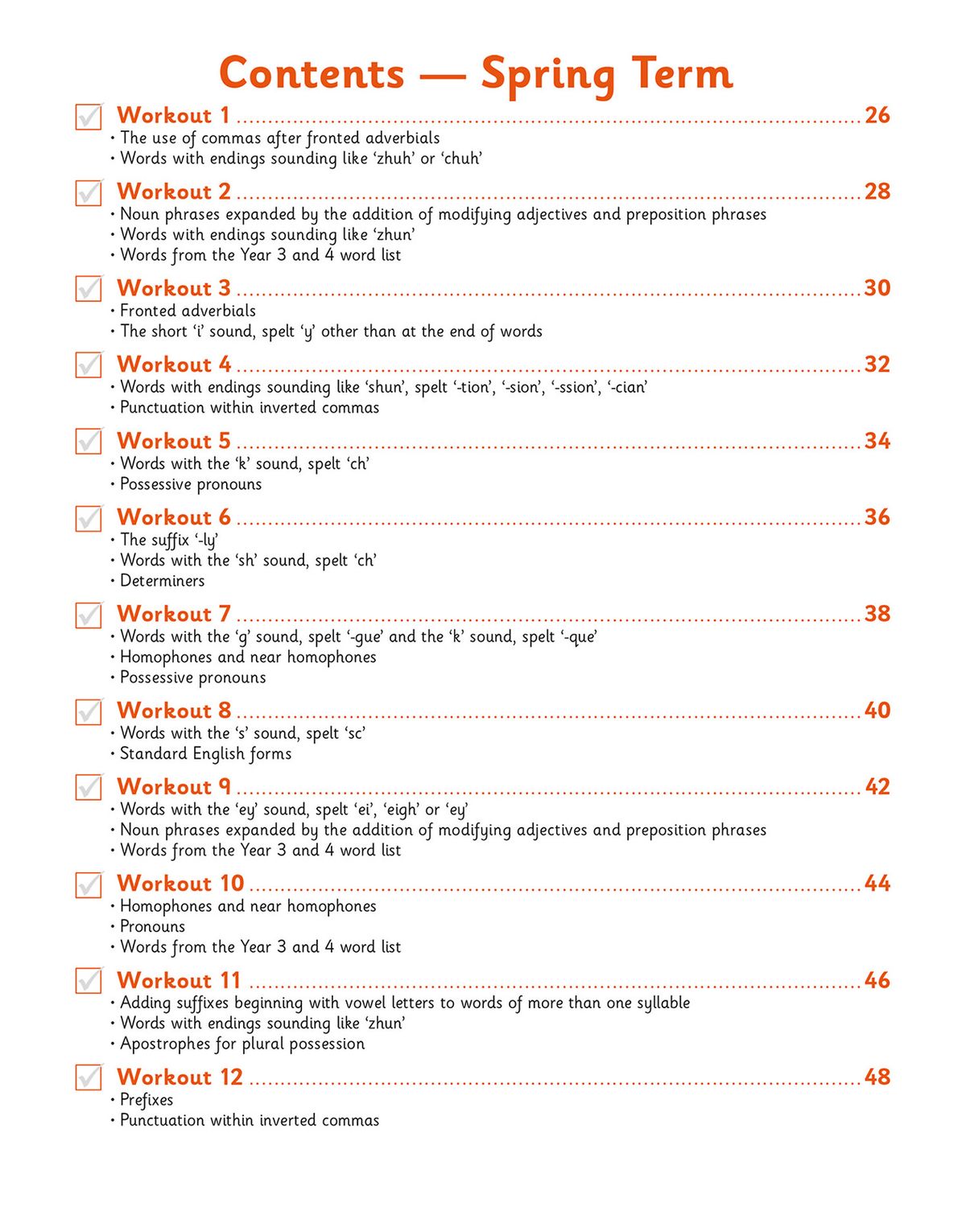 Contents page showing Spring Term workout topics including spelling patterns, grammar points and word lists