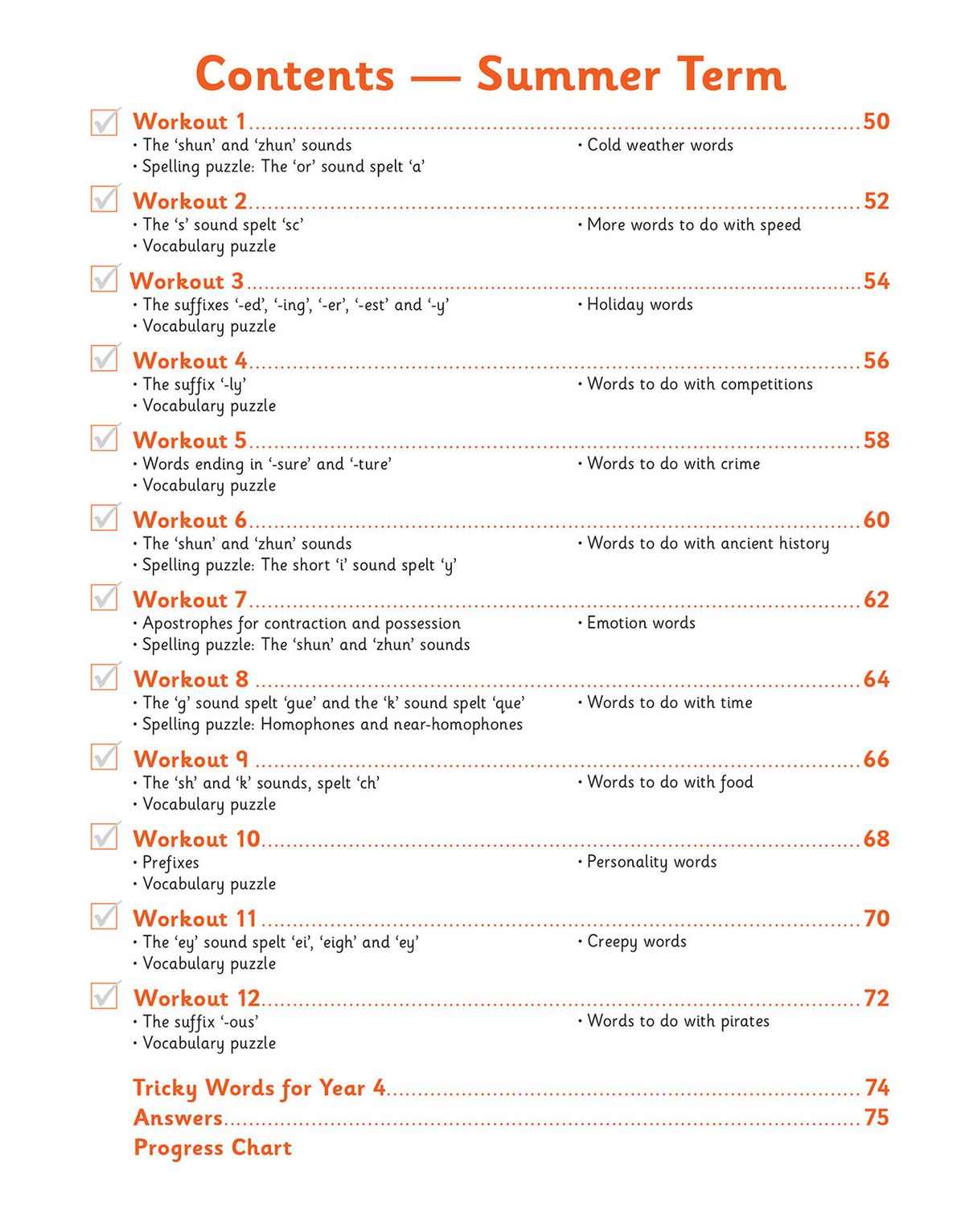 Contents page showing weekly workout structure for Summer Term