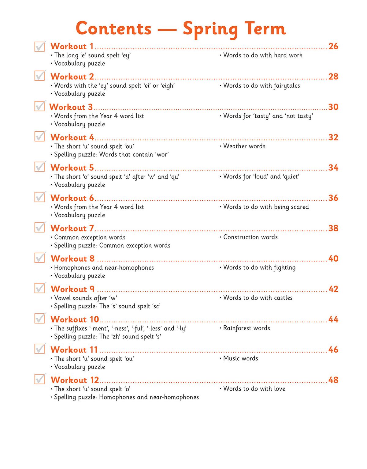 Contents page showing weekly workout structure for Spring Term