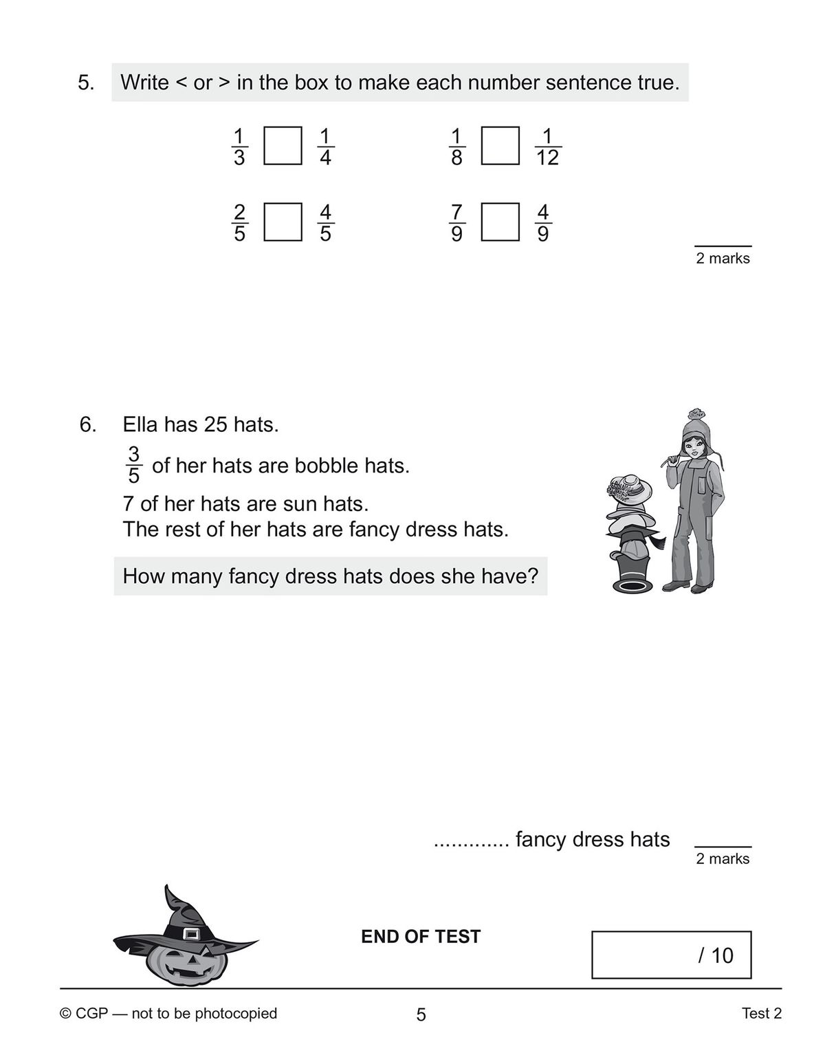 Sample test page showing warm-up questions and fraction calculations