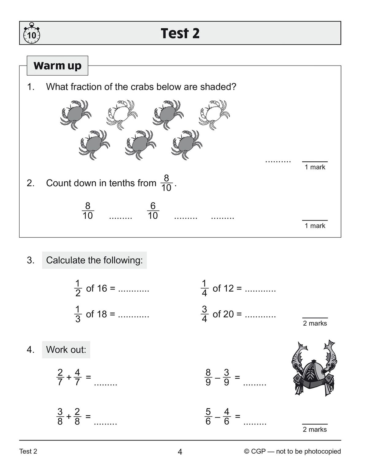 Test page showing fraction comparison and word problem questions