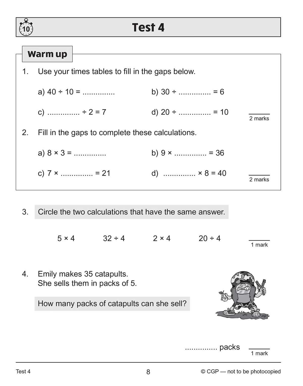Another test page featuring division and word problems with illustrations