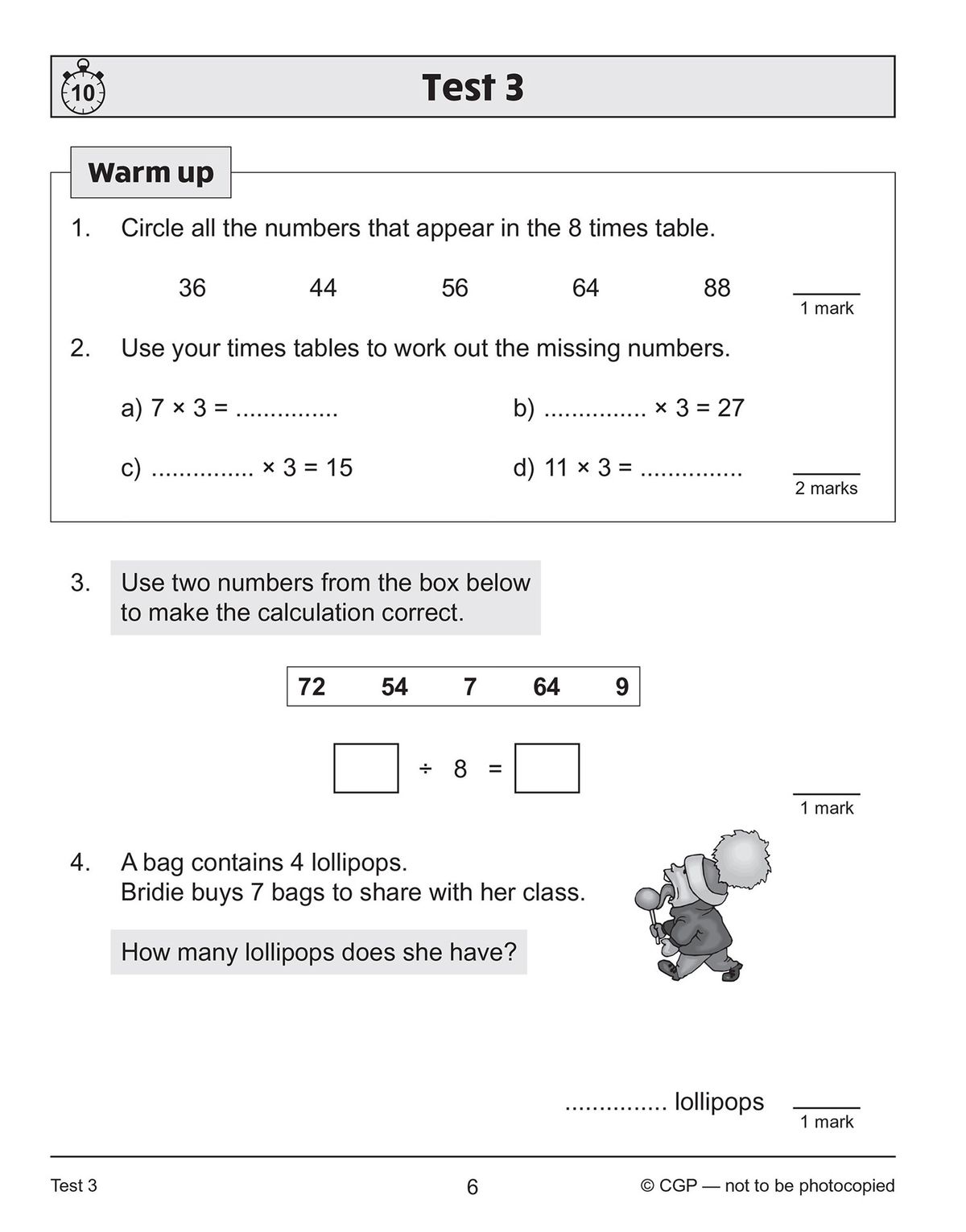 Sample test page showing warm-up times-tables questions