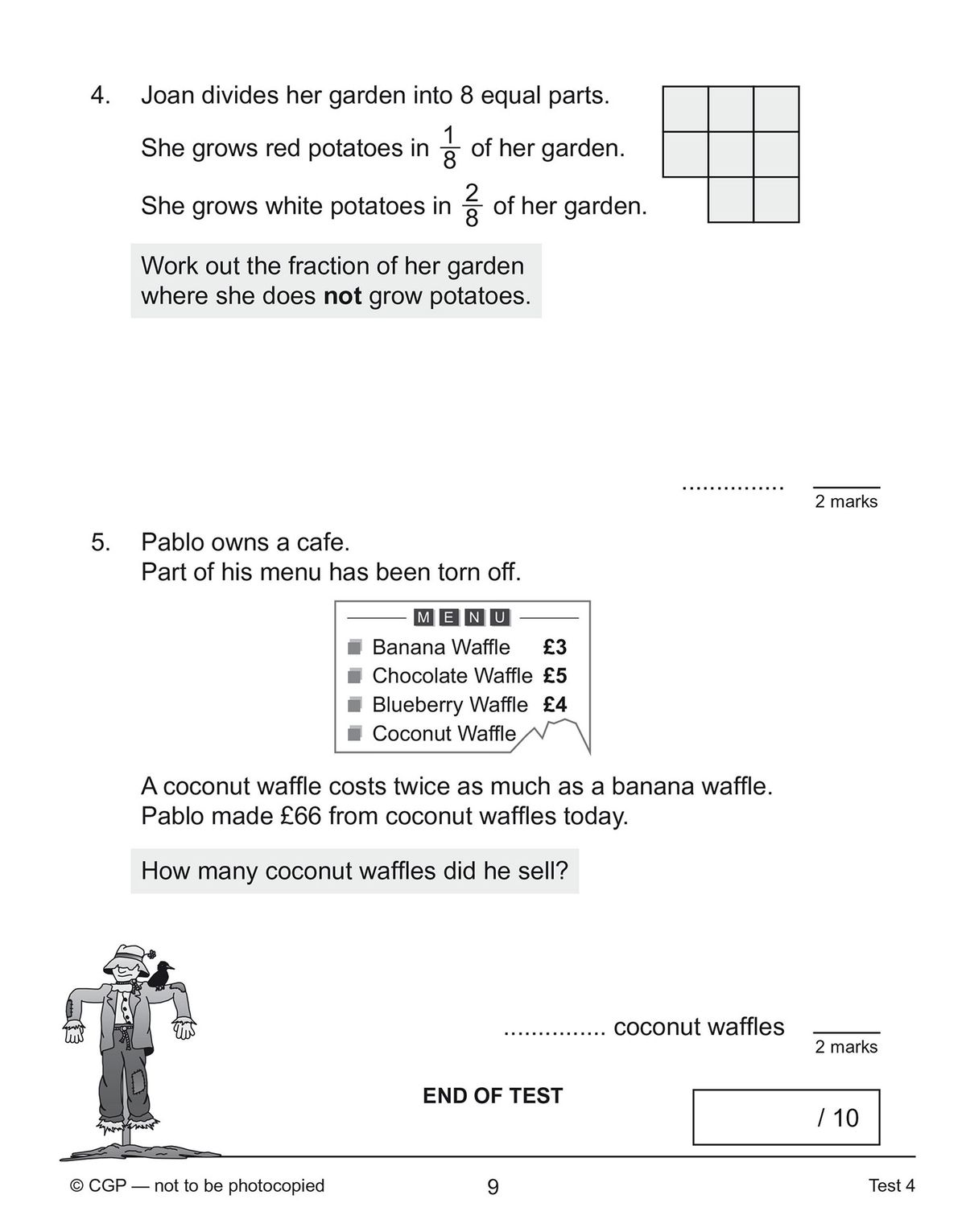 Sample test page showing problem-solving questions with space for working and marks