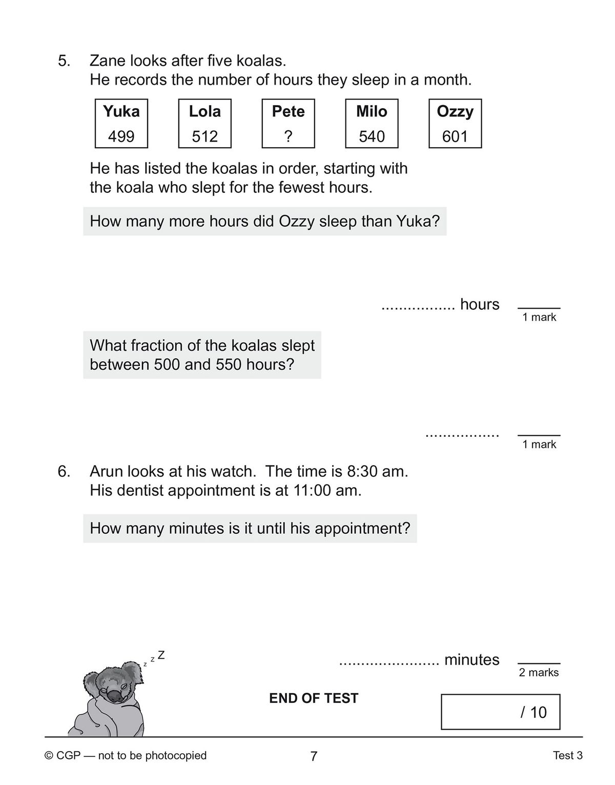 Another test page showing multi-step problem-solving questions with koalas and time calculations